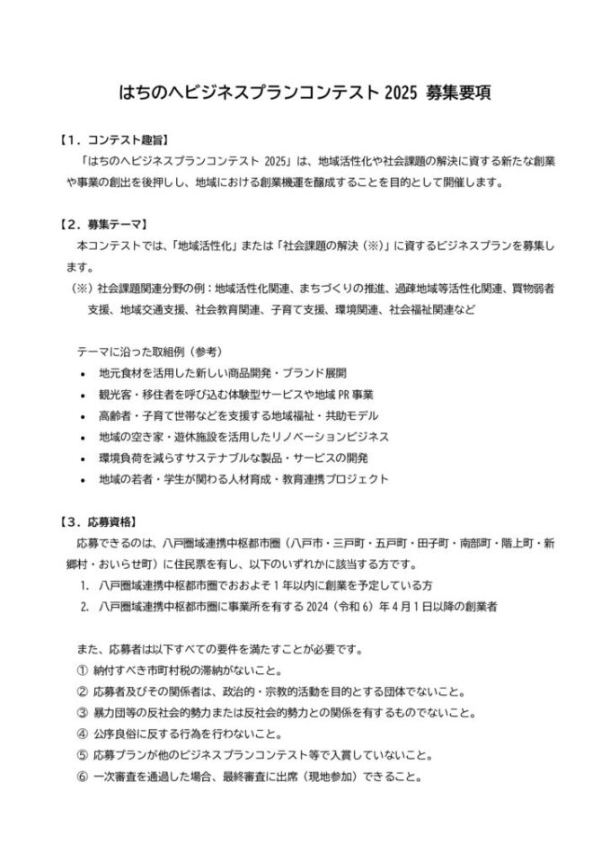 はちのへビジネスプランコンテスト2025 募集要項のサムネイル